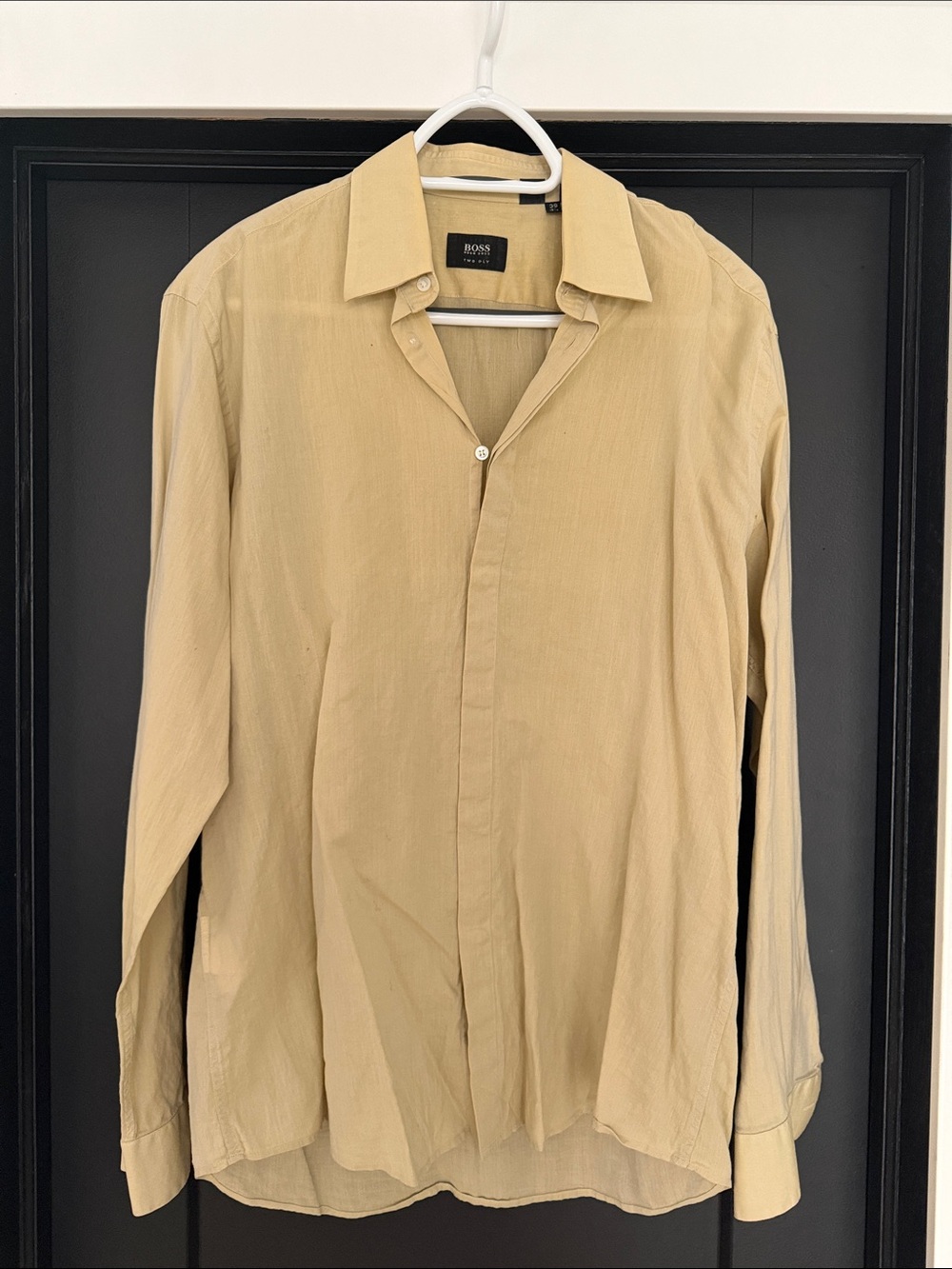BOSS Men's Light Beige Button-Front Dress Shirt